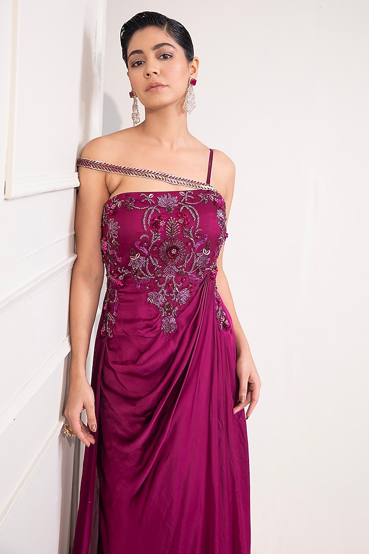 Magenta Pure Satin Zari Embellished Engagement Gown by Label Kaleido at Pernia's Pop Up Shop