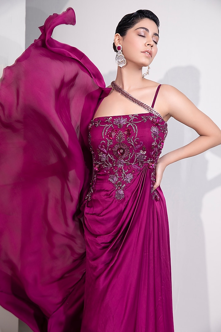 Magenta Pure Satin Zari Embellished Engagement Gown by Label Kaleido at Pernia's Pop Up Shop