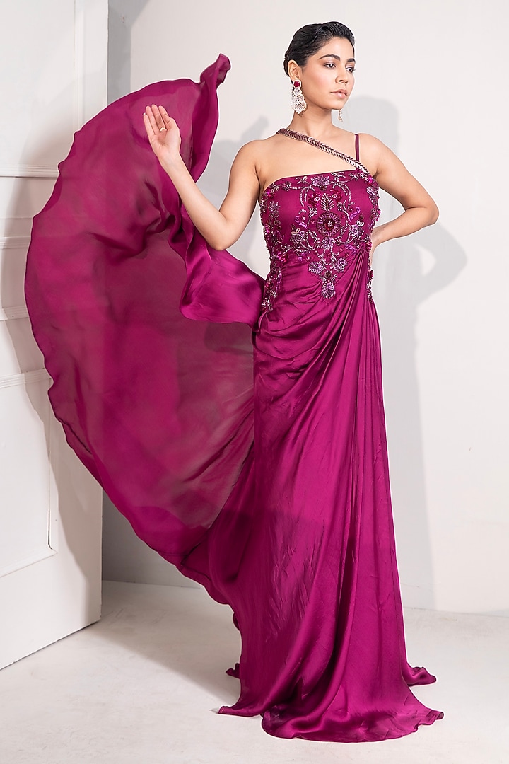 Magenta Pure Satin Zari Embellished Engagement Gown by Label Kaleido at Pernia's Pop Up Shop