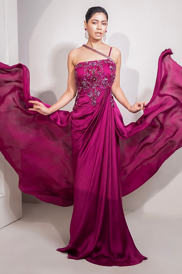 Magenta Pure Satin Zari Embellished Engagement Gown by Label Kaleido at Pernia's Pop Up Shop