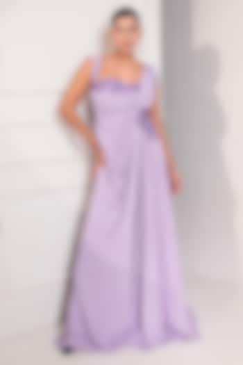Pastel Lilac Milano Satin Zari Work Draped Party Wear Gown by Label Kaleido at Pernia's Pop Up Shop