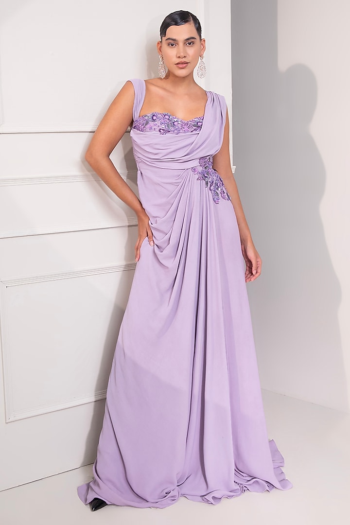 Pastel Lilac Milano Satin Zari Work Draped Party Wear Gown by Label Kaleido at Pernia's Pop Up Shop
