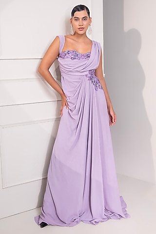 Pastel Lilac Milano Satin Zari Work Draped Gown by Label Kaleido