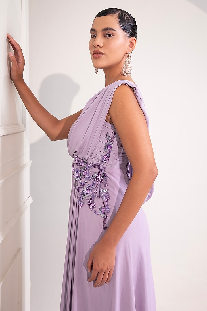 Pastel Lilac Milano Satin Zari Work Draped Party Wear Gown by Label Kaleido at Pernia's Pop Up Shop