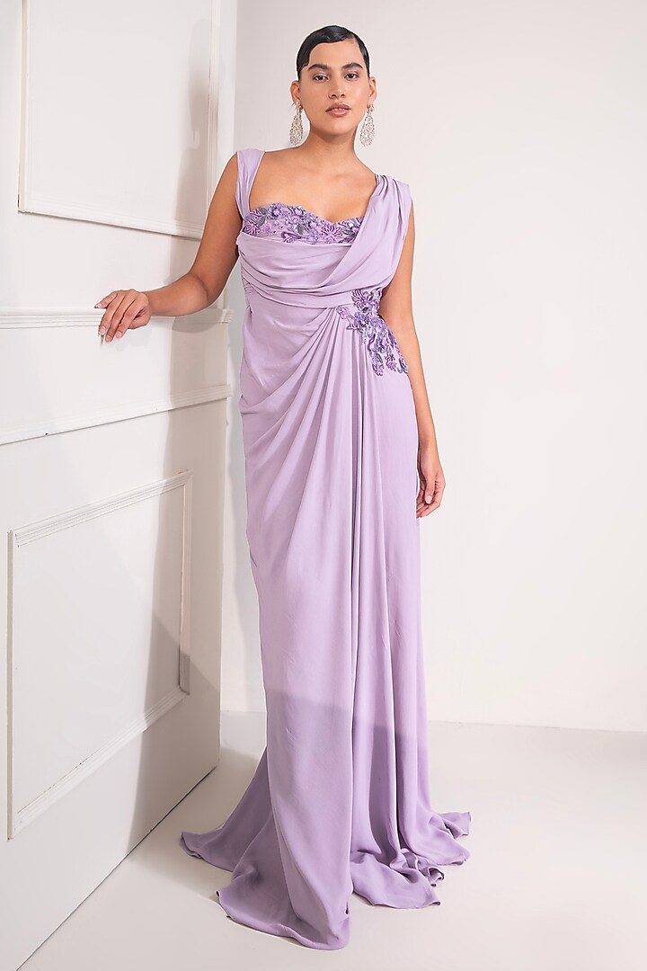 Pastel Lilac Milano Satin Zari Work Draped Party Wear Gown by Label Kaleido at Pernia's Pop Up Shop