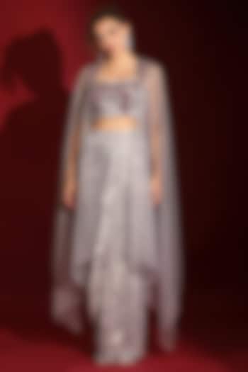 Metallic Grey Foil Milano Embroidered Draped Skirt Set by Label Kaleido at Pernia's Pop Up Shop