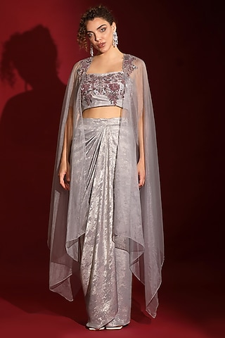 Metallic Grey Foil Milano Embroidered Draped Skirt Set by Label Kaleido