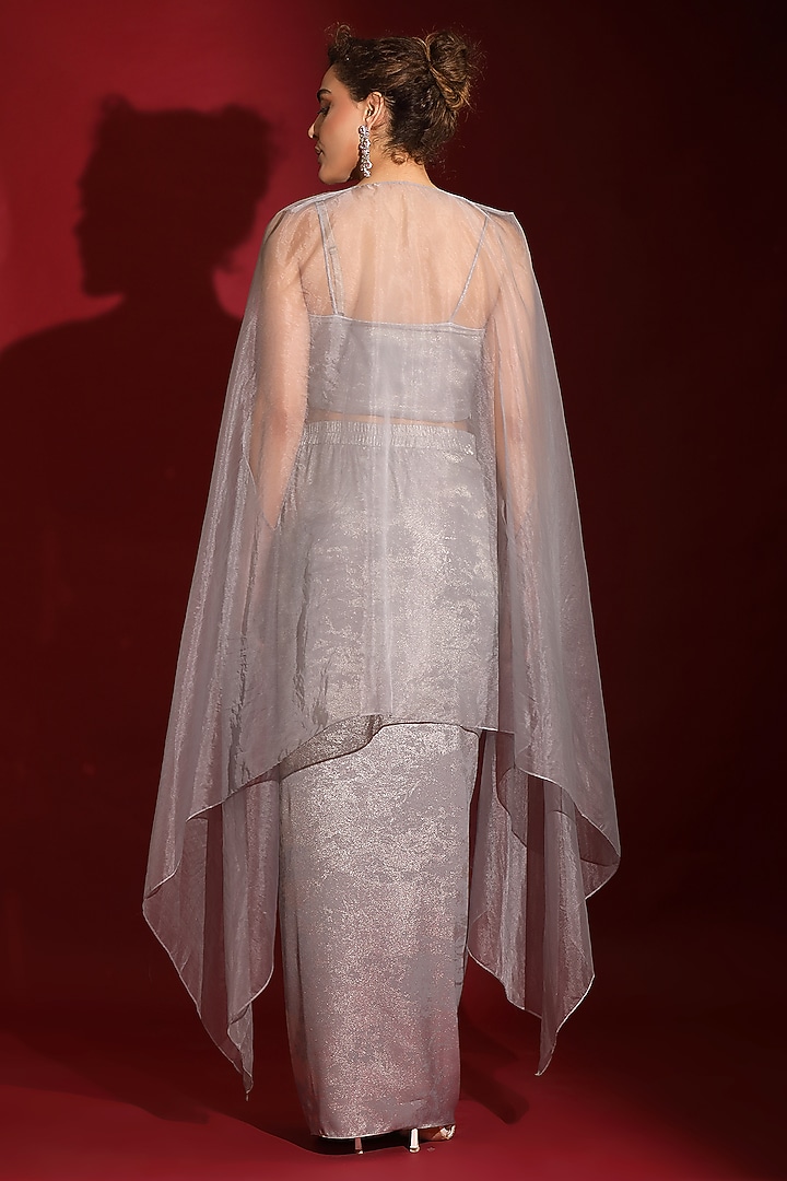 Metallic Grey Foil Milano Embroidered Draped Skirt Set by Label Kaleido at Pernia's Pop Up Shop