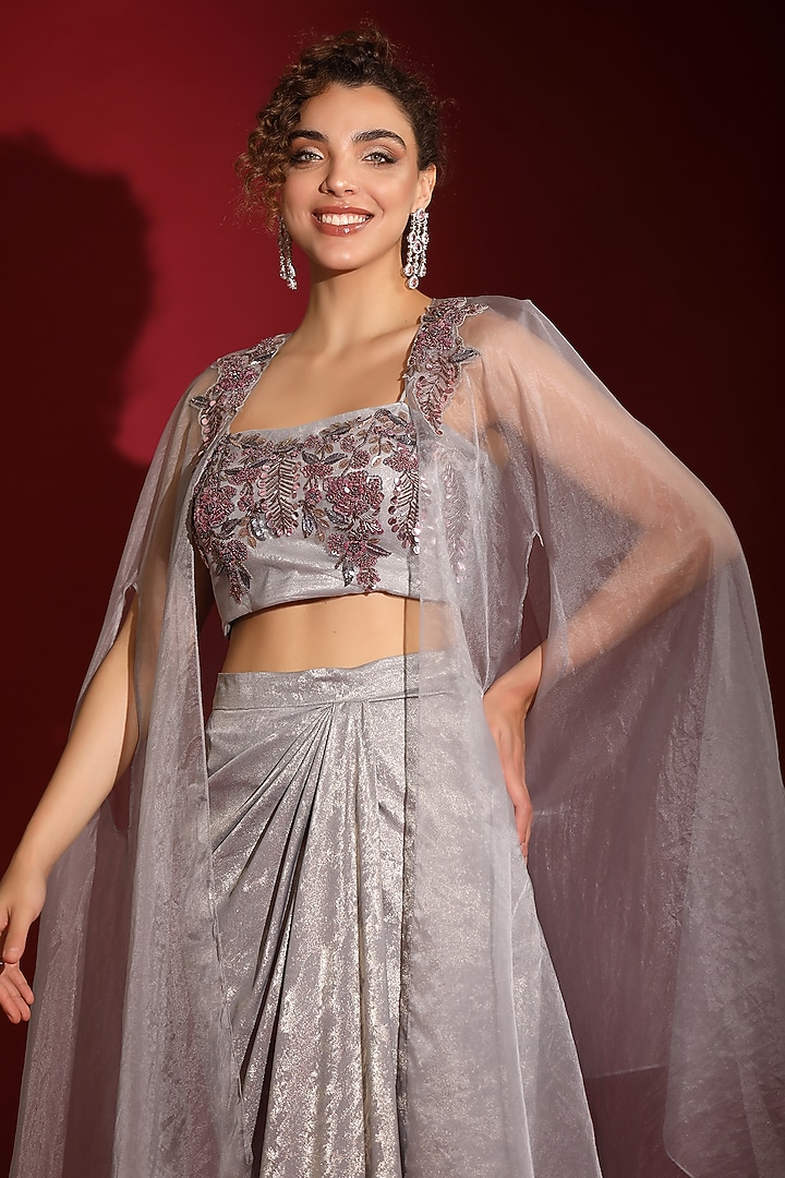 Metallic Grey Foil Milano Embroidered Draped Skirt Set by Label Kaleido at Pernia's Pop Up Shop