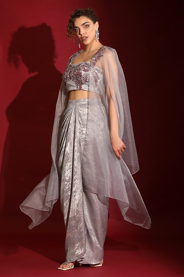 Metallic Grey Foil Milano Embroidered Draped Skirt Set by Label Kaleido at Pernia's Pop Up Shop