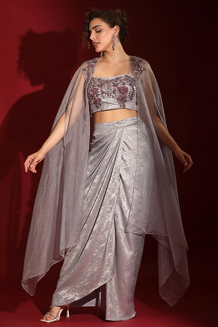 Metallic Grey Foil Milano Embroidered Draped Skirt Set by Label Kaleido at Pernia's Pop Up Shop