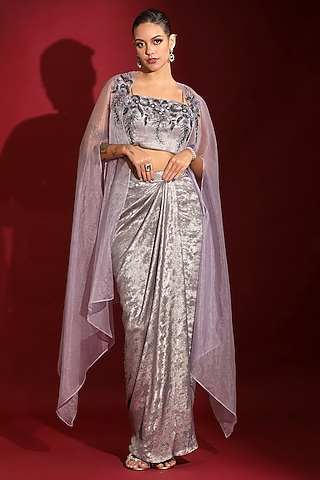 Metallic Purple Milano Foil Embellished Draped Skirt Set by Label Kaleido