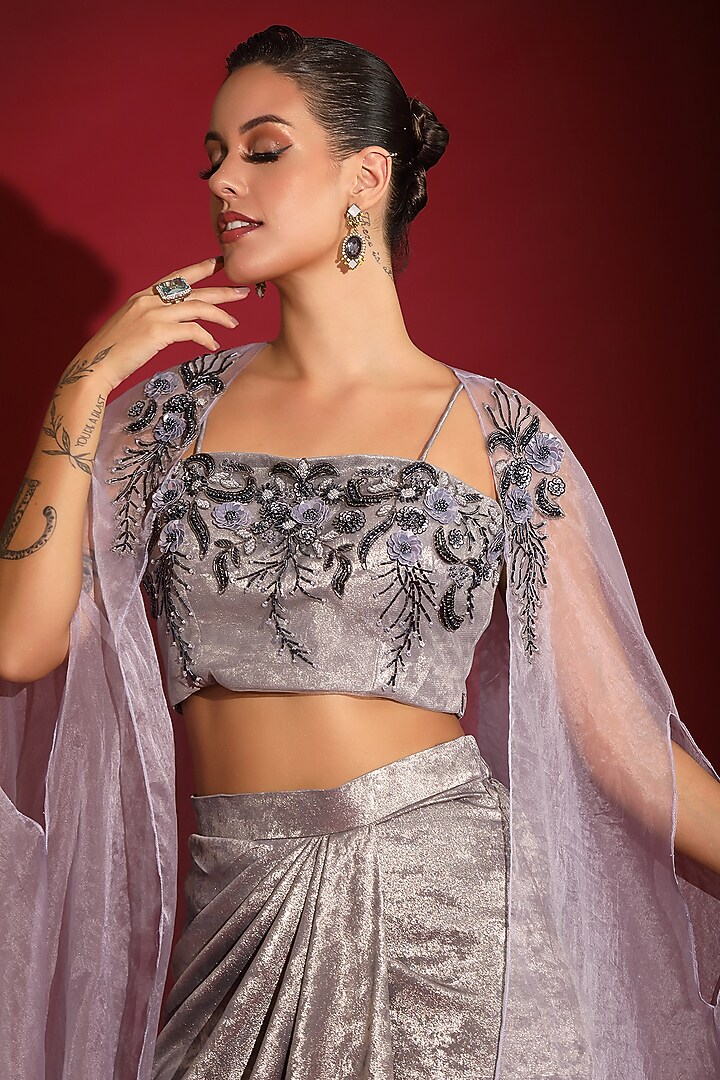 Metallic Purple Milano Foil Embellished Draped Skirt Set by Label Kaleido at Pernia's Pop Up Shop