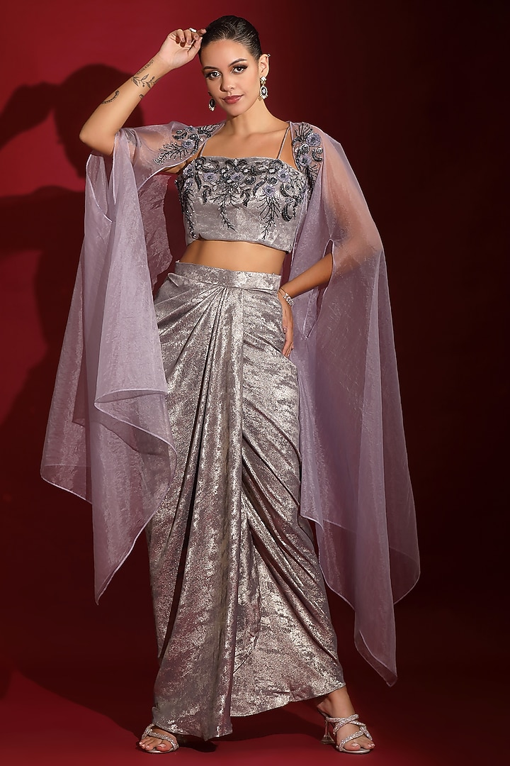 Metallic Purple Milano Foil Embellished Draped Skirt Set by Label Kaleido at Pernia's Pop Up Shop