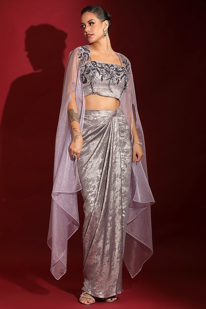 Metallic Purple Milano Foil Embellished Draped Skirt Set by Label Kaleido at Pernia's Pop Up Shop