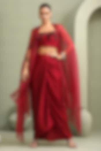 Red Milano Foil Embellished Draped Skirt Set by Label Kaleido at Pernia's Pop Up Shop