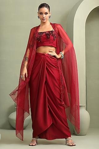 Red Milano Foil Embellished Draped Skirt Set by Label Kaleido