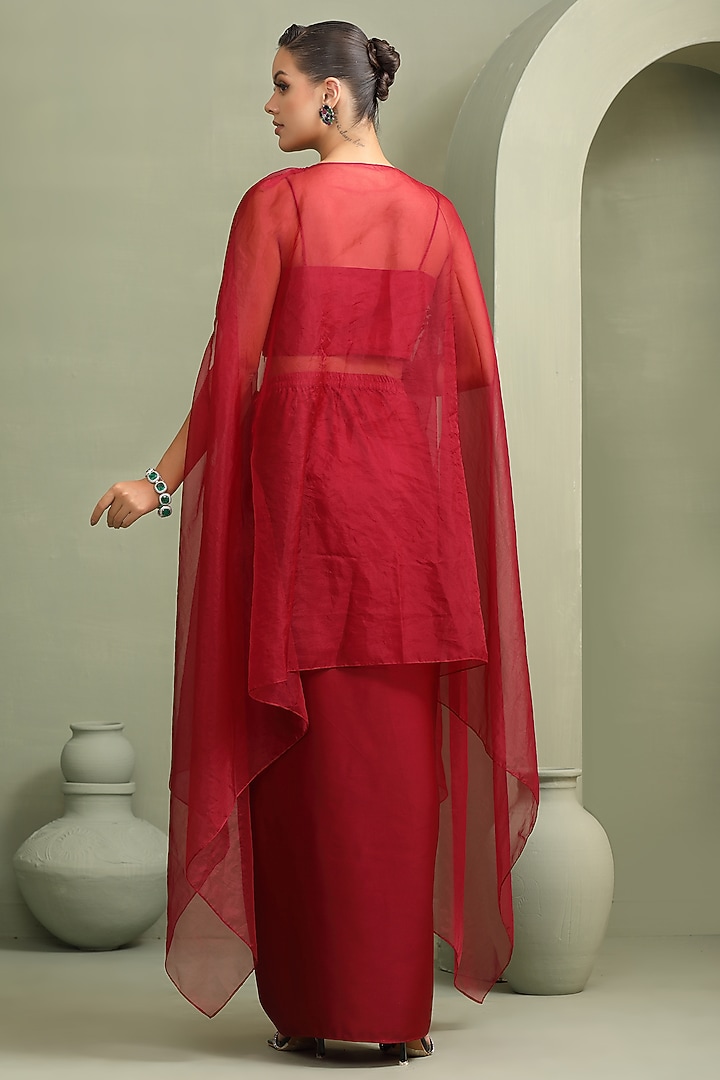 Red Milano Foil Embellished Draped Skirt Set by Label Kaleido at Pernia's Pop Up Shop