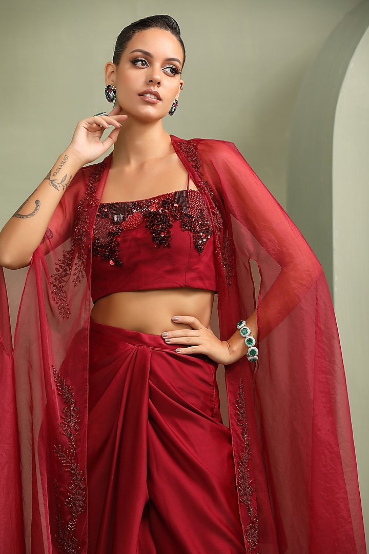 Red Milano Foil Embellished Draped Skirt Set by Label Kaleido at Pernia's Pop Up Shop