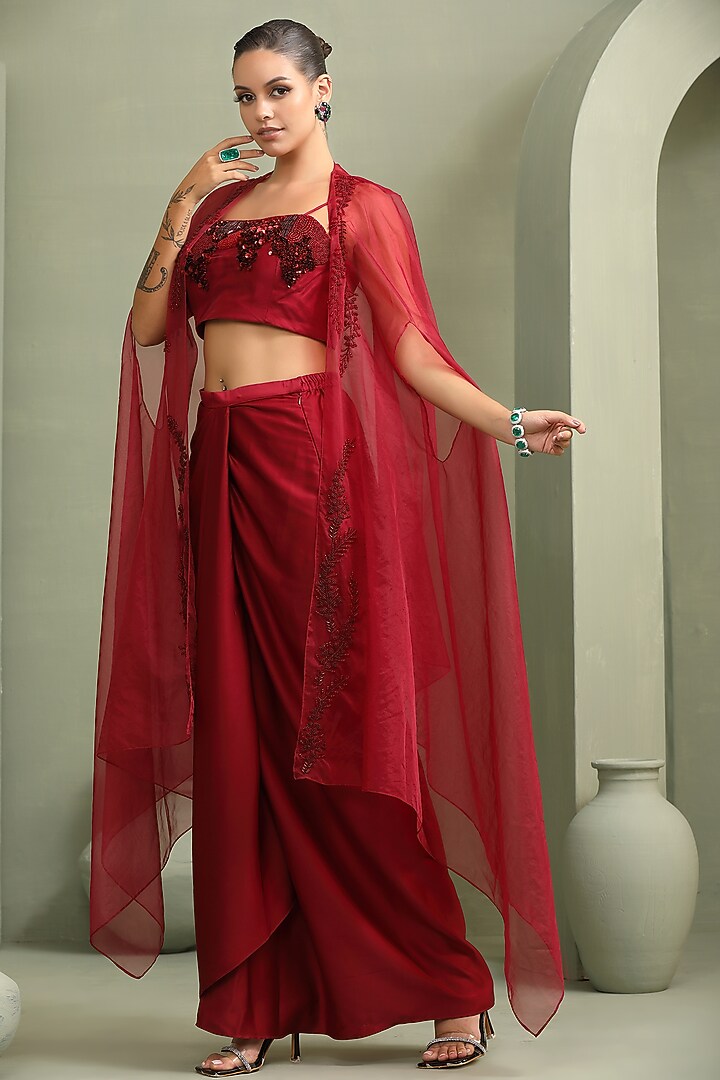 Red Milano Foil Embellished Draped Skirt Set by Label Kaleido at Pernia's Pop Up Shop