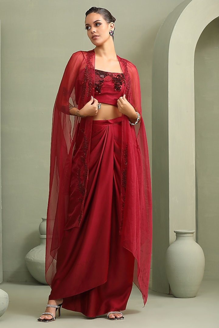Red Milano Foil Embellished Draped Skirt Set by Label Kaleido at Pernia's Pop Up Shop