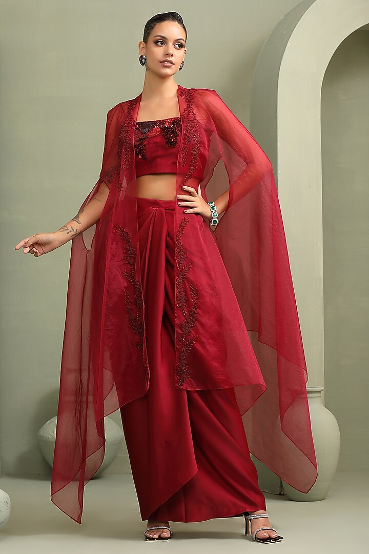 Red Milano Foil Embellished Draped Skirt Set by Label Kaleido at Pernia's Pop Up Shop