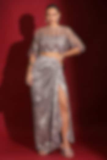 Metallic Grey Foil Milano Sequins Handwork Skirt Set by Label Kaleido at Pernia's Pop Up Shop