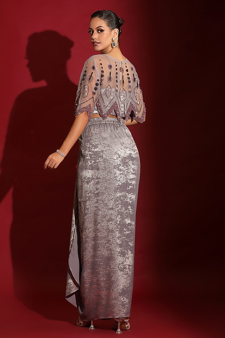 Metallic Grey Foil Milano Sequins Handwork Skirt Set by Label Kaleido at Pernia's Pop Up Shop