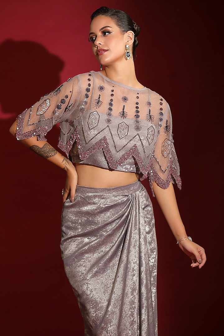 Metallic Grey Foil Milano Sequins Handwork Skirt Set by Label Kaleido at Pernia's Pop Up Shop