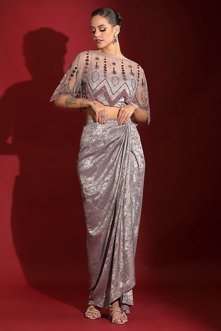 Metallic Grey Foil Milano Sequins Handwork Skirt Set by Label Kaleido at Pernia's Pop Up Shop