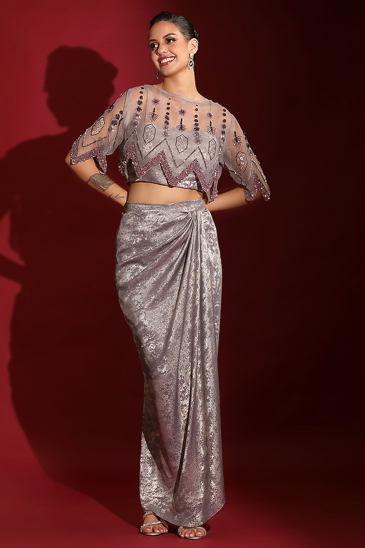 Metallic Grey Foil Milano Sequins Handwork Skirt Set by Label Kaleido at Pernia's Pop Up Shop