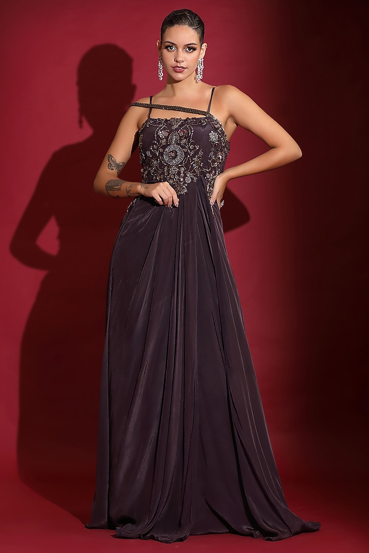 Chocolate Brown Viscose Crepe Hand Embellished Engagement Gown by Label Kaleido at Pernia's Pop Up Shop