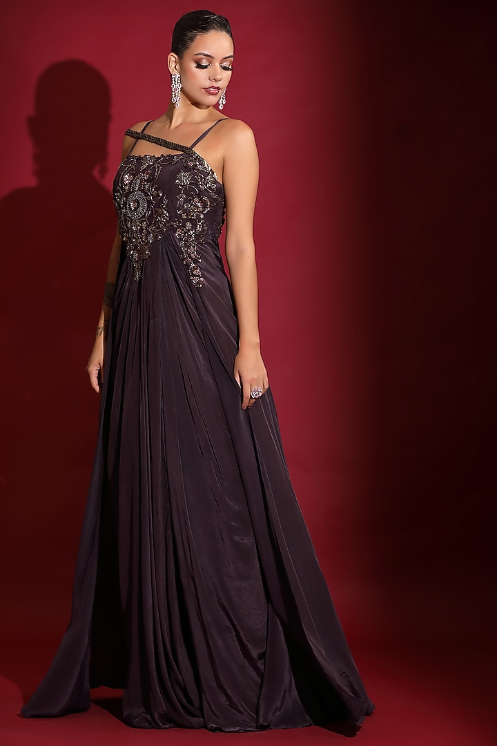 Chocolate Brown Viscose Crepe Hand Embellished Engagement Gown by Label Kaleido at Pernia's Pop Up Shop