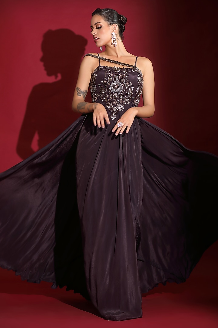 Chocolate Brown Viscose Crepe Hand Embellished Engagement Gown by Label Kaleido at Pernia's Pop Up Shop