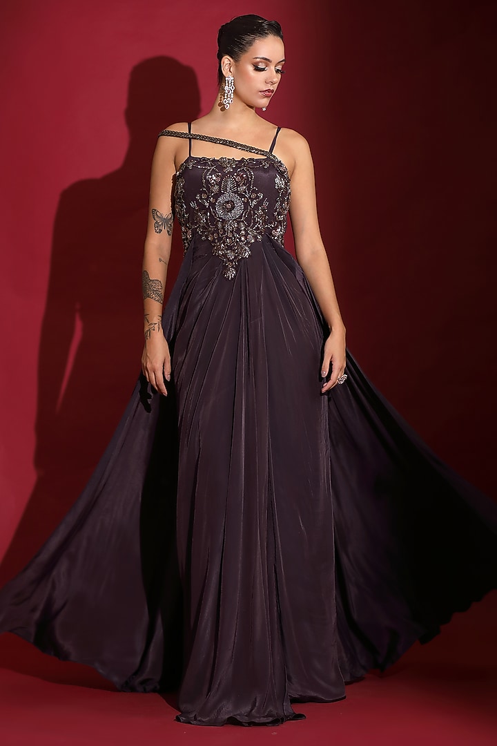 Chocolate Brown Viscose Crepe Hand Embellished Engagement Gown by Label Kaleido at Pernia's Pop Up Shop
