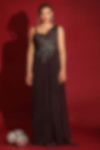 Chocolate Brown Viscose Crepe Sequins Handwork Draped Party Wear Gown by Label Kaleido at Pernia's Pop Up Shop