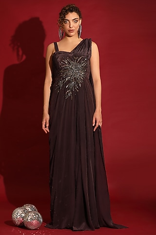 Chocolate Brown Viscose Crepe Sequins Handwork Draped Gown by Label Kaleido