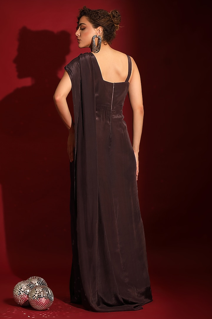 Chocolate Brown Viscose Crepe Sequins Handwork Draped Party Wear Gown by Label Kaleido at Pernia's Pop Up Shop