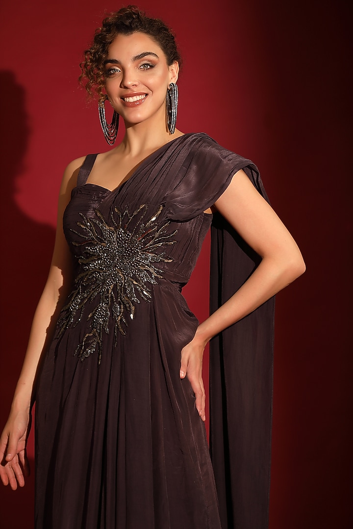 Chocolate Brown Viscose Crepe Sequins Handwork Draped Party Wear Gown by Label Kaleido at Pernia's Pop Up Shop