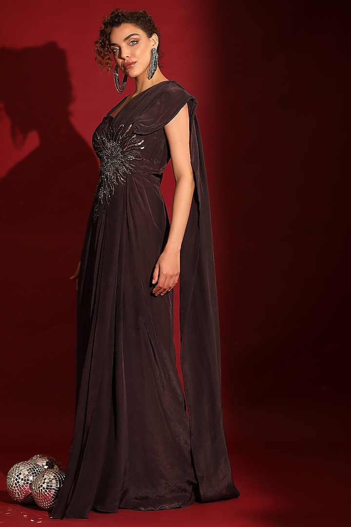 Chocolate Brown Viscose Crepe Sequins Handwork Draped Party Wear Gown by Label Kaleido at Pernia's Pop Up Shop
