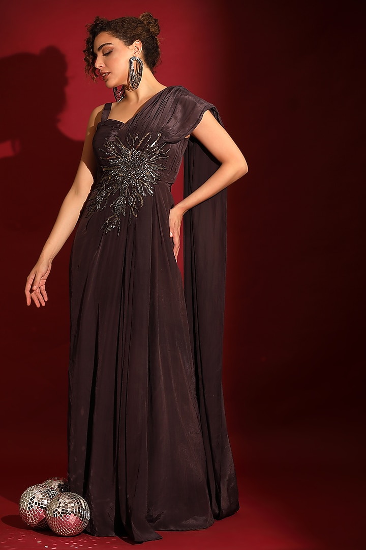 Chocolate Brown Viscose Crepe Sequins Handwork Draped Party Wear Gown by Label Kaleido at Pernia's Pop Up Shop