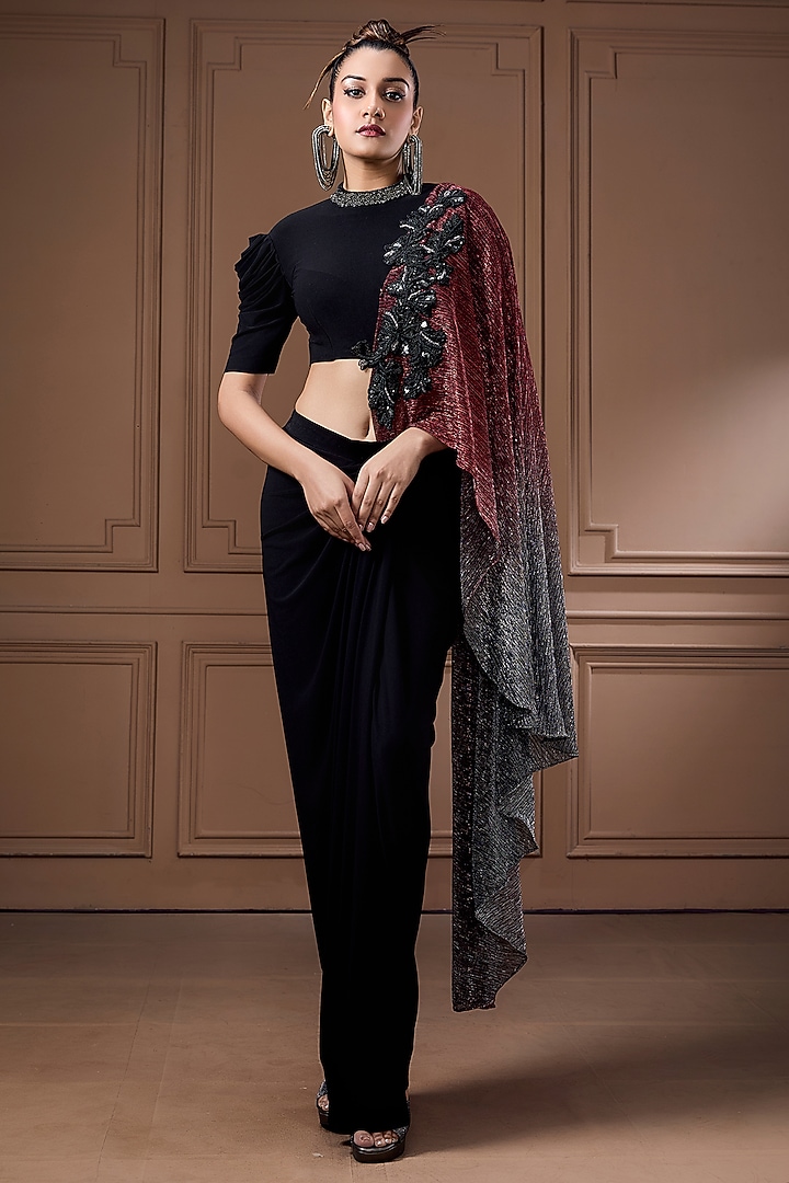 Black Jersey Sequins Work Draped Skirt Set by Label Kaleido at Pernia's Pop Up Shop