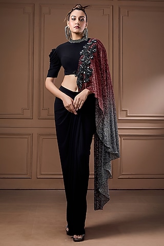 Black Jersey Sequins Work Draped Skirt Set by Label Kaleido
