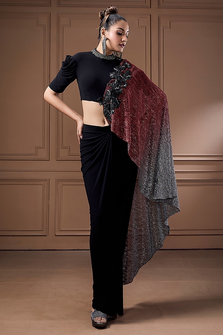 Black Jersey Sequins Work Draped Skirt Set by Label Kaleido at Pernia's Pop Up Shop