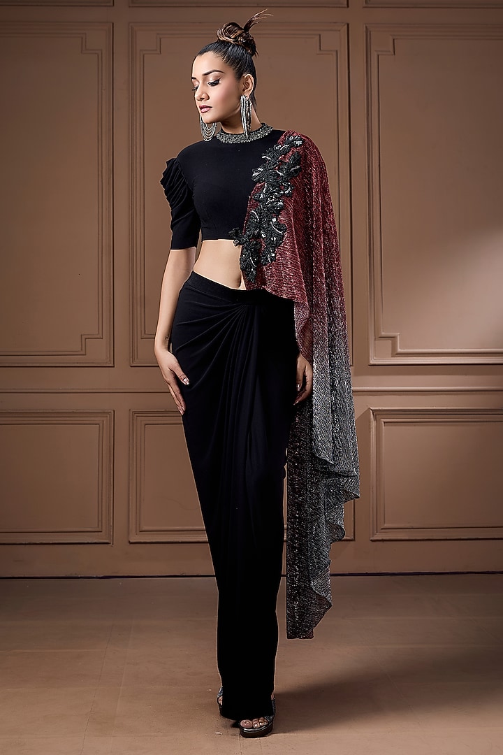 Black Jersey Sequins Work Draped Skirt Set by Label Kaleido at Pernia's Pop Up Shop