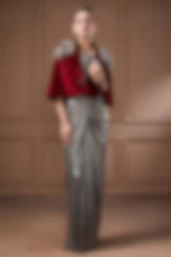 Wine Velvet Sequins Embroidered Cape Set by Label Kaleido at Pernia's Pop Up Shop