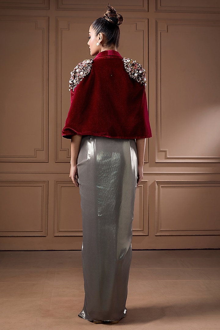 Wine Velvet Sequins Embroidered Cape Set by Label Kaleido at Pernia's Pop Up Shop