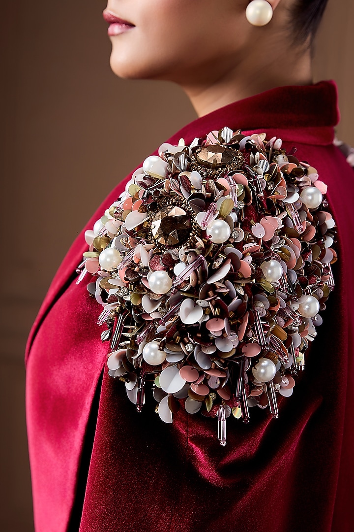 Wine Velvet Sequins Embroidered Cape Set by Label Kaleido at Pernia's Pop Up Shop