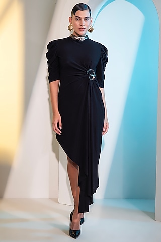 Black Jersey Metallic Coin Work Dress by Label Kaleido