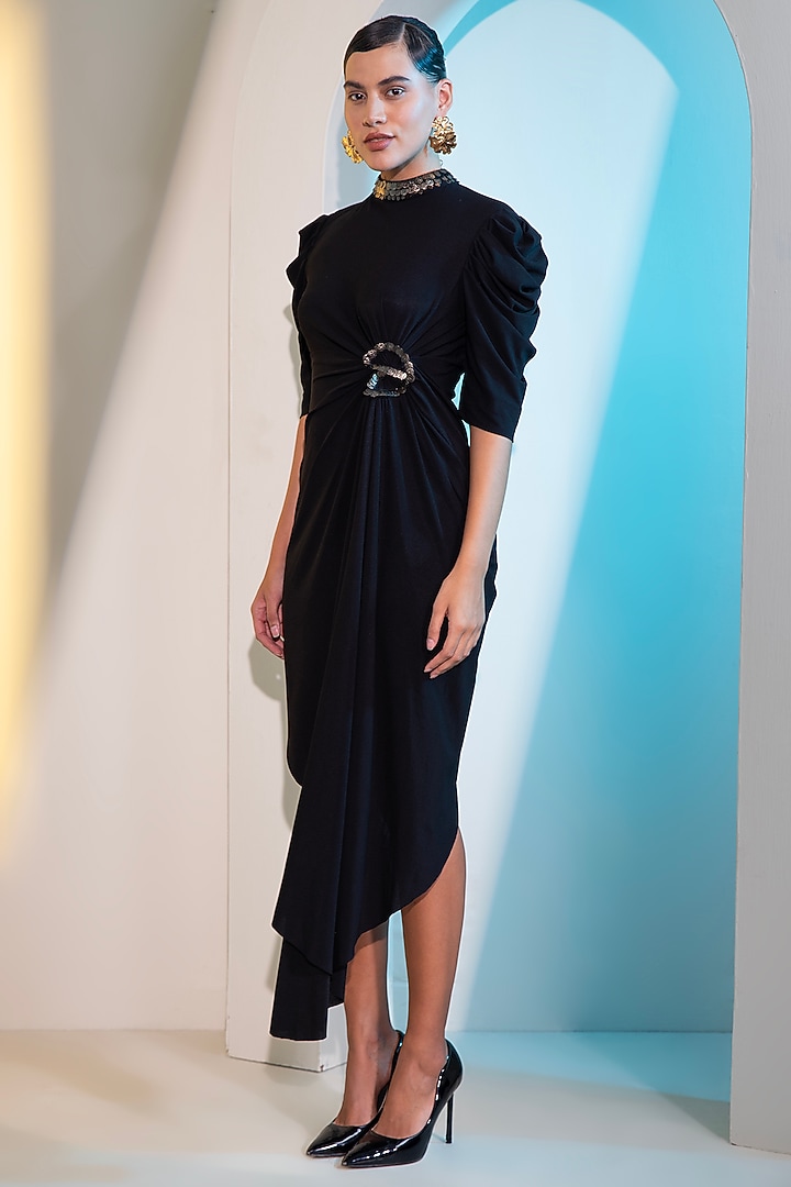 Black Jersey Metallic Coin Work Vacation Dress by Label Kaleido at Pernia's Pop Up Shop
